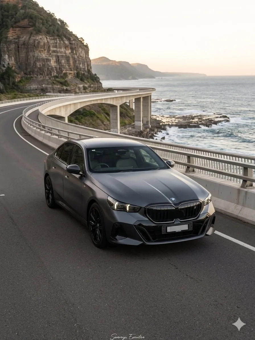 BMW i5 eDrive40 on Sea Cliff Bridge โ private airport transfer Sydney to Kiama via Grand Pacific Drive OSPIPO