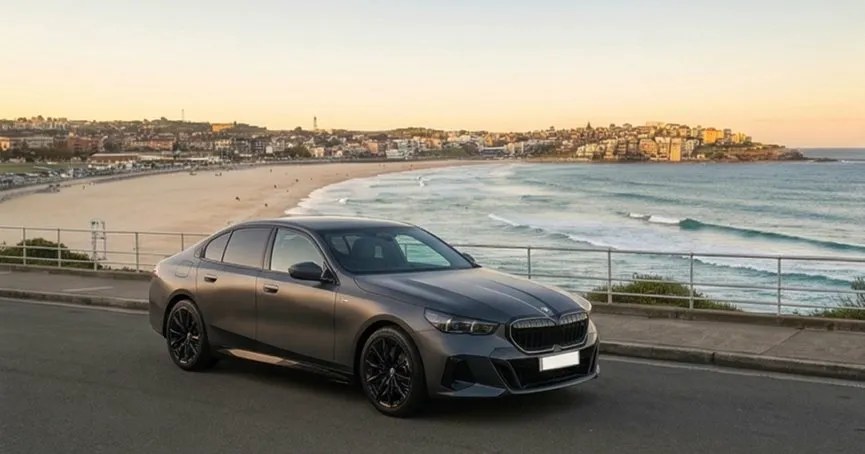 BMW i5 at Bondi Beach Sydney — OSPIPO airport transfer